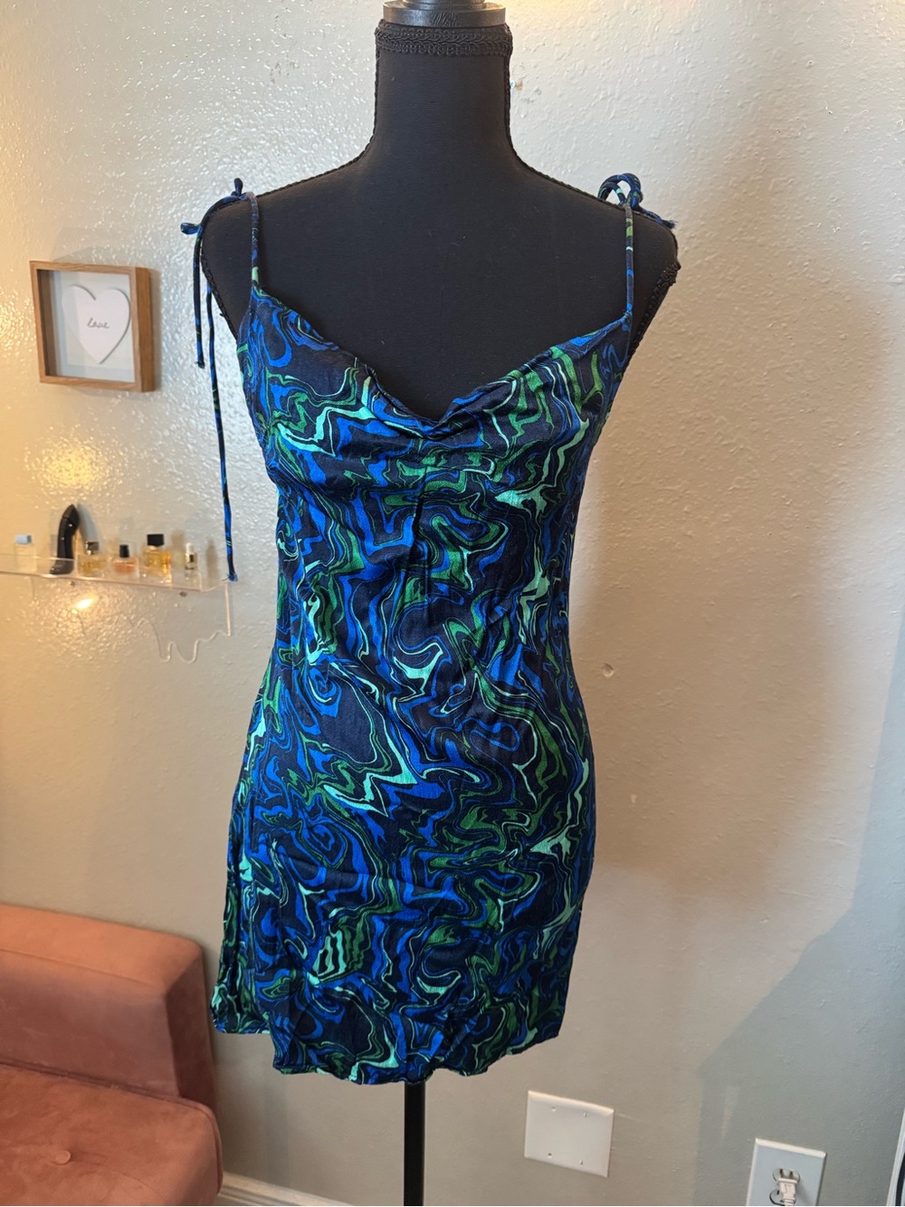 stradivarius Blue & Green Marble Slip Dress